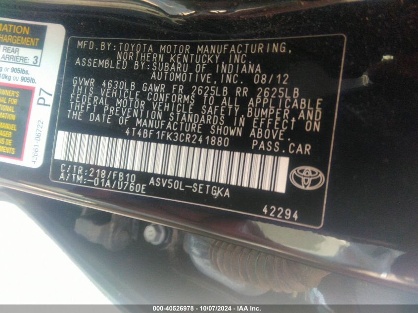 4T4BF1FK3CR241880 2012 Toyota Camry Xle