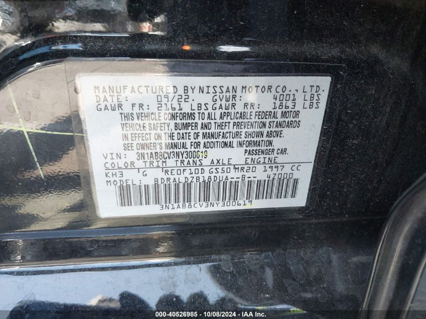 2022 Nissan Sentra Sv Xtronic Cvt VIN: 3N1AB8CV3NY300619 Lot: 40526985