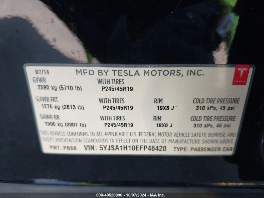 2014 Tesla Model S P85 VIN: 5YJSA1H10EFP46420 Lot: 40526990