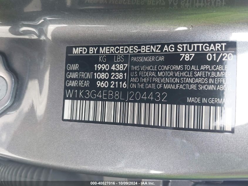 2020 Mercedes-Benz A 220 VIN: W1K3G4EB8LJ204432 Lot: 40527016