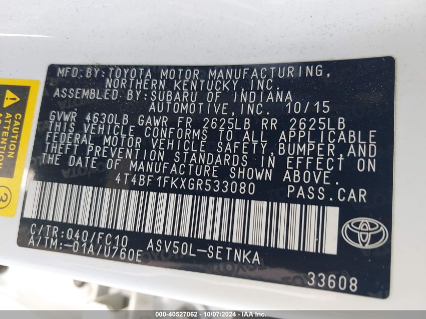 4T4BF1FKXGR533080 2016 Toyota Camry Le