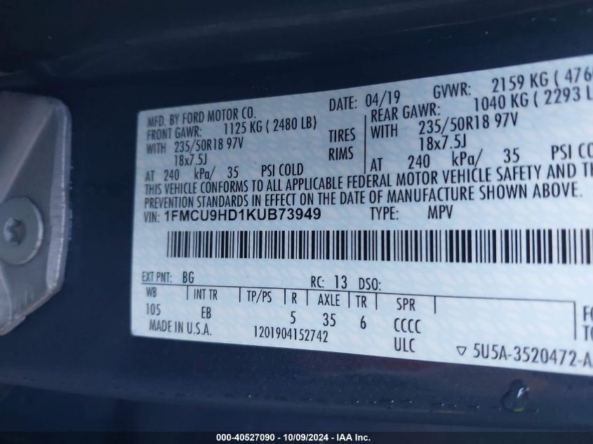 1FMCU9HD1KUB73949 2019 Ford Escape Sel