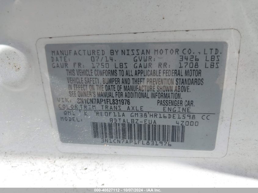 3N1CN7AP1FL831976 2015 Nissan Versa 1.6 Sv