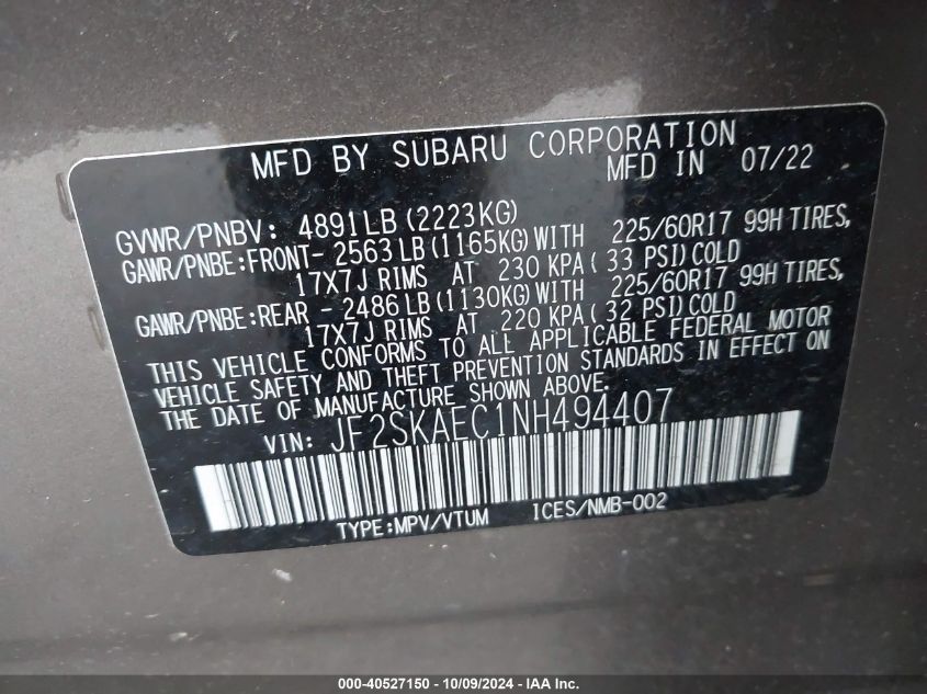 JF2SKAEC1NH494407 2022 Subaru Forester Premium