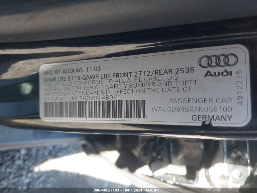 2004 Audi A6 2.7T S-Line VIN: WAUCD64BX4N056100 Lot: 40527193