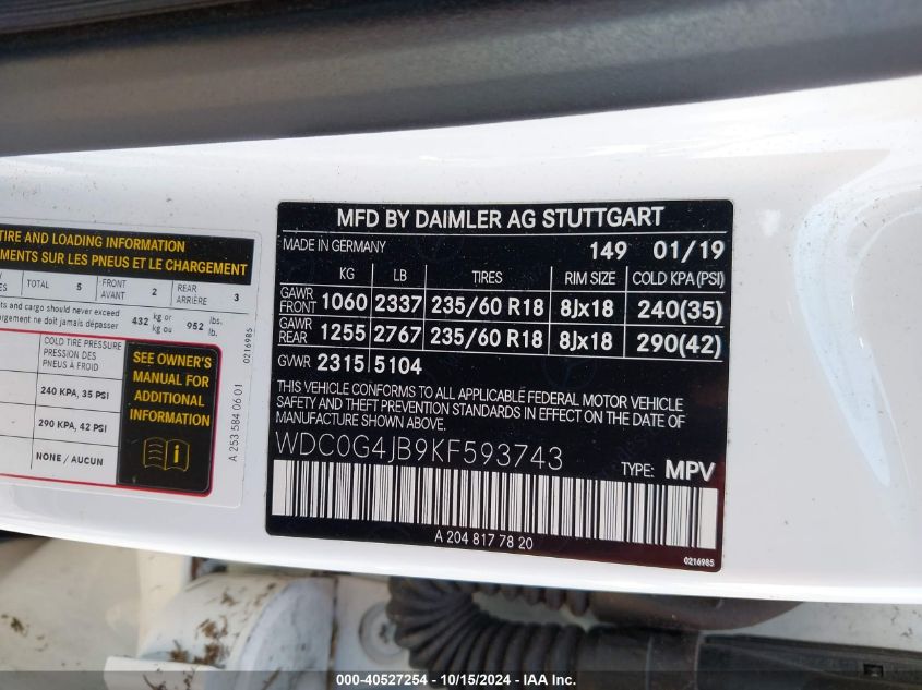 VIN WDC0G4JB9KF593743 2019 MERCEDES-BENZ GLC 300