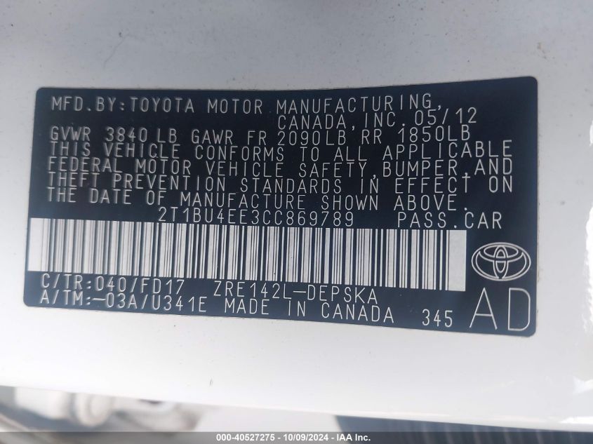 2T1BU4EE3CC869789 2012 Toyota Corolla S/Le