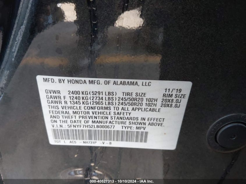 2020 Honda Passport 2Wd Ex-L VIN: 5FNYF7H52LB000677 Lot: 40527313