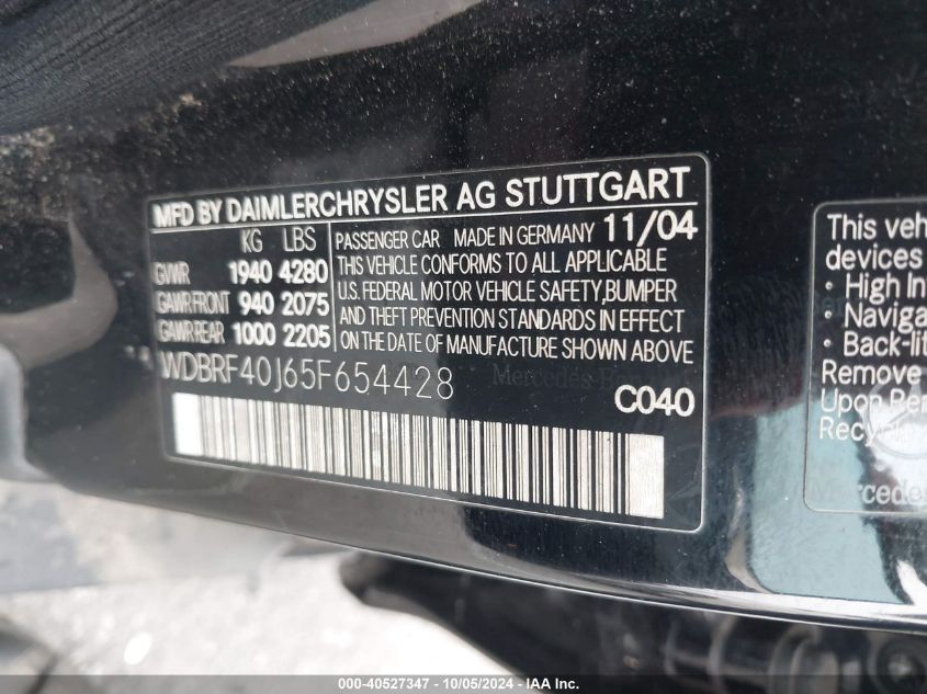 2005 Mercedes-Benz C 230 Kompressor Sport VIN: WDBRF40J65F654428 Lot: 40527347