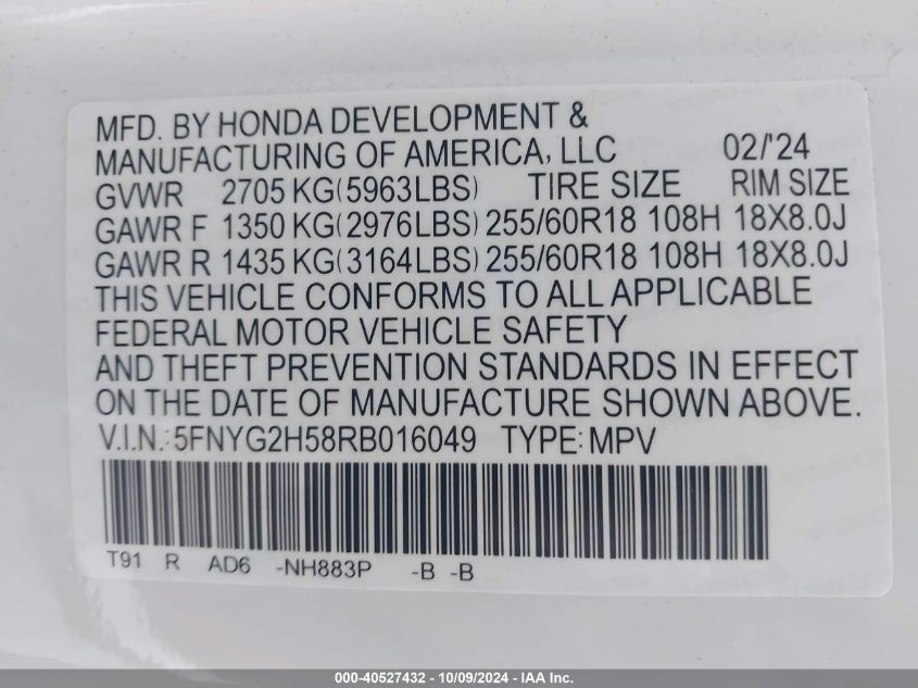 2024 Honda Pilot Ex-L 7 Passenger VIN: 5FNYG2H58RB016049 Lot: 40527432