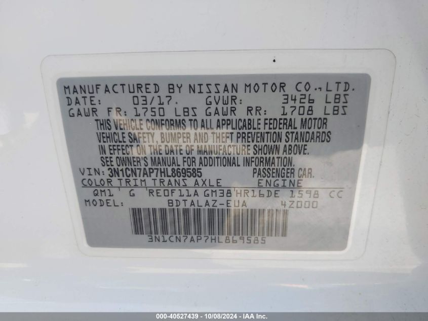 3N1CN7AP7HL869585 2017 Nissan Versa 1.6 S+