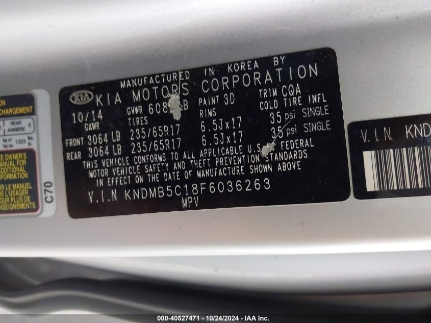 2015 Kia Sedona Lx VIN: KNDMB5C18F6036263 Lot: 40527471