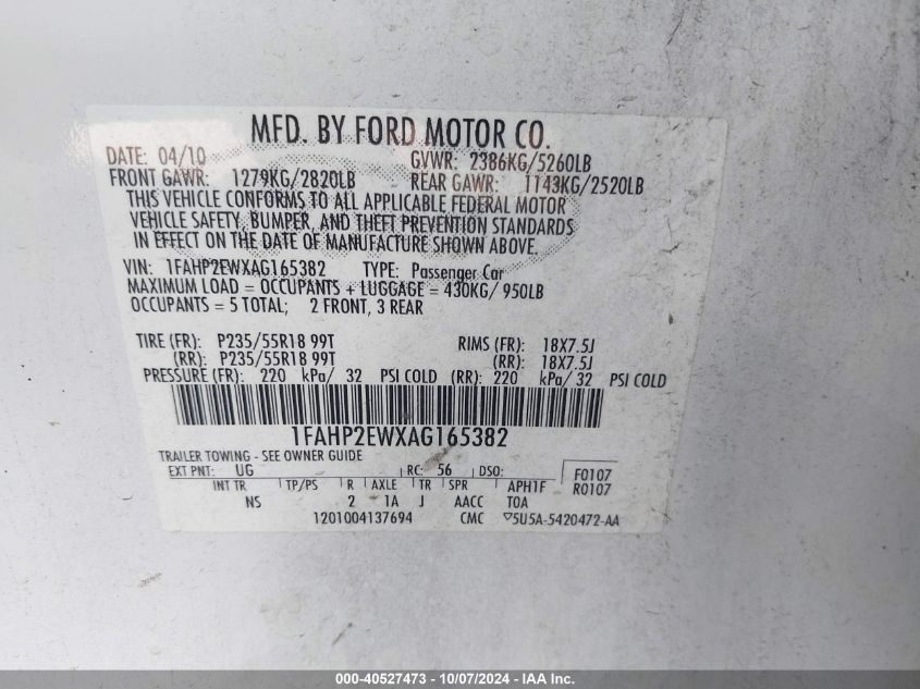 1FAHP2EWXAG165382 2010 Ford Taurus Sel