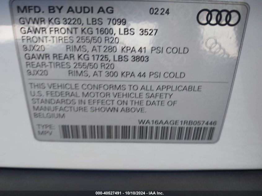 2024 Audi Q8 E-Tron Prestige Quattro VIN: WA16AAGE1RB057446 Lot: 40527491