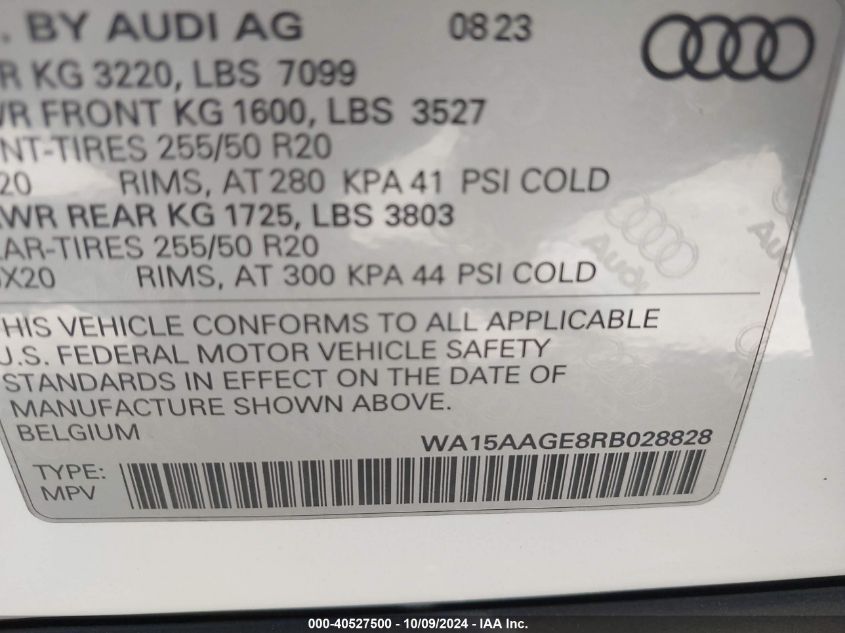 2024 Audi Q8 E-Tron Premium Plus VIN: WA15AAGE8RB028828 Lot: 40527500