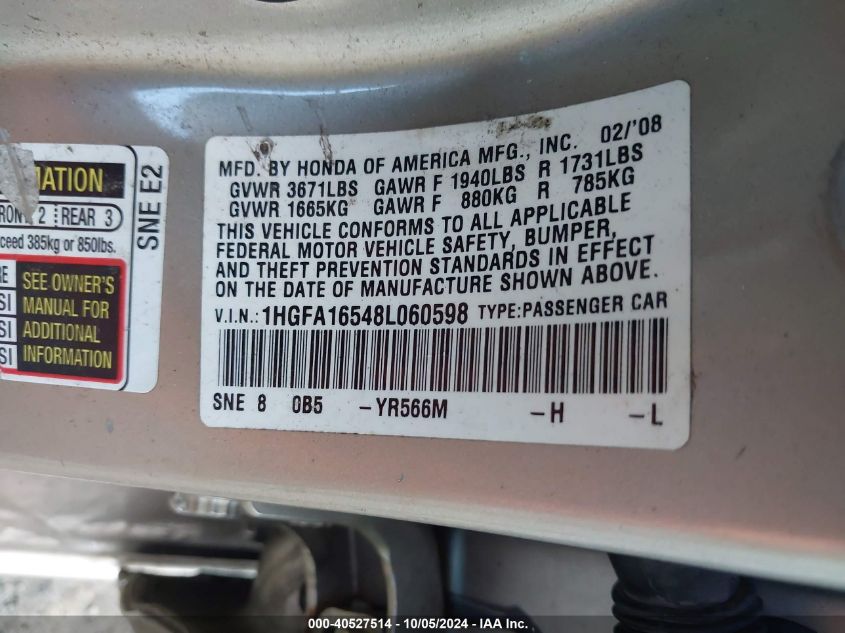 1HGFA16548L060598 2008 Honda Civic Lx