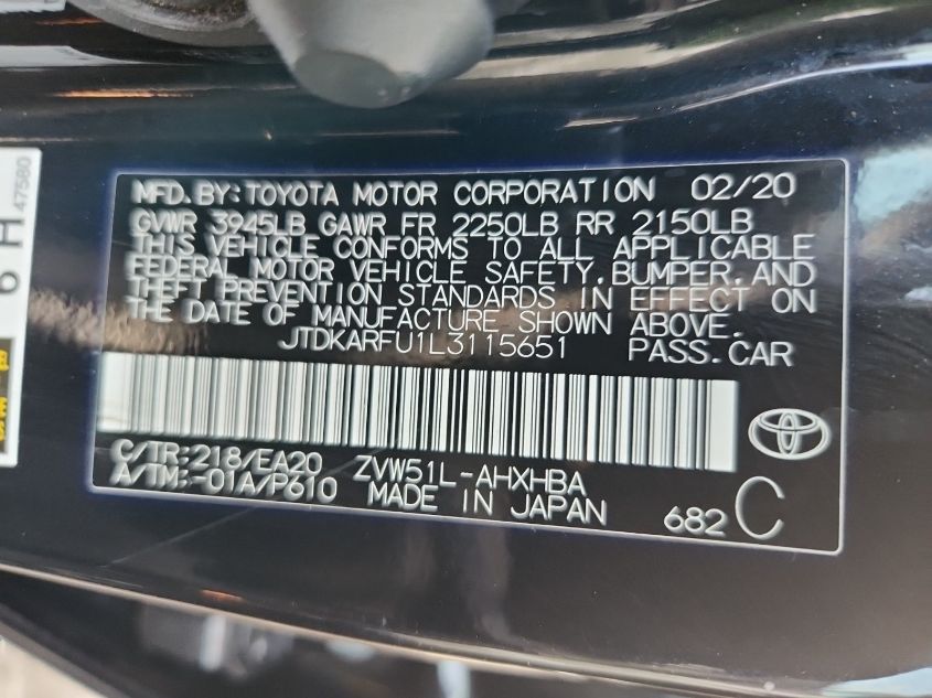 JTDKARFU1L3115651 2020 Toyota Prius L/Le/Xle/Limited