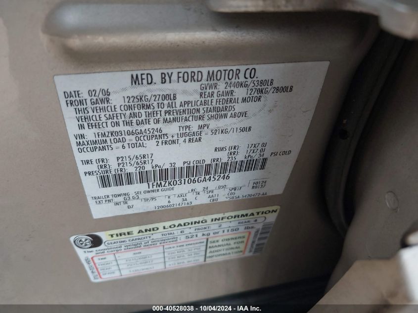 1FMZK03106GA45246 2006 Ford Freestyle Limited