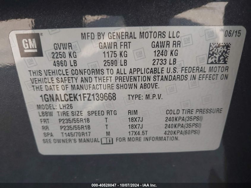 2015 CHEVROLET EQUINOX 2LT - 1GNALCEK1FZ139668