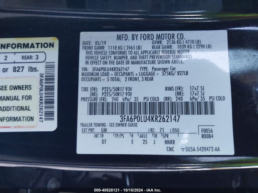 VIN 3FA6P0LU4KR262147 2019 Ford Fusion, Hybrid SE no.9