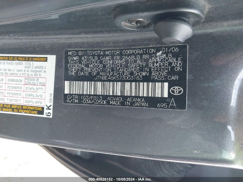 JTNBE46K573003183 2007 Toyota Camry Ce/Le/Xle/Se