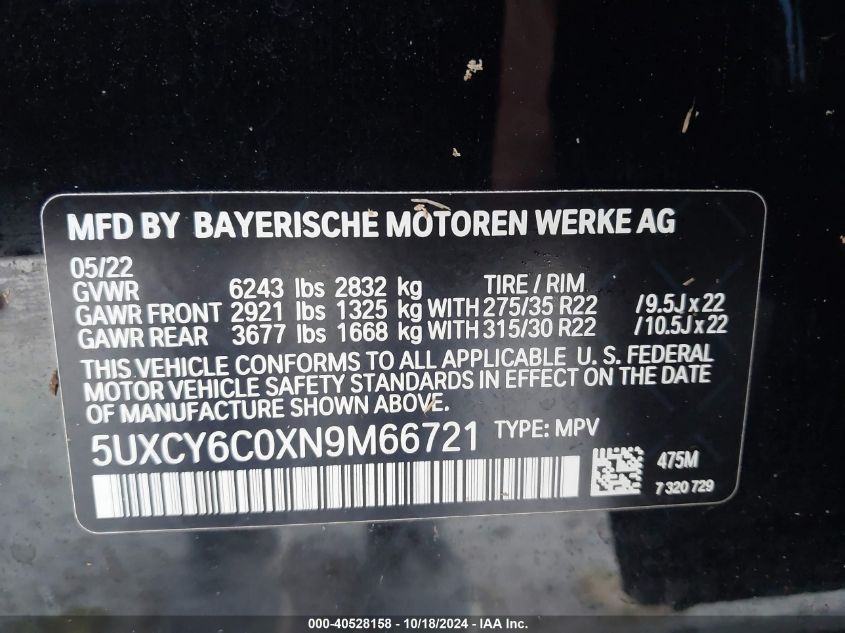 VIN 5UXCY6C0XN9M66721 2022 BMW X6, Xdrive40I no.9