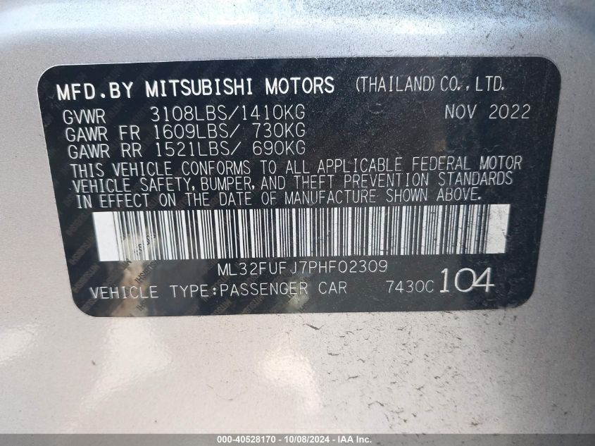 2023 Mitsubishi Mirage G4 G4 Es/G4 Le/G4 Black Edit VIN: ML32FUFJ7PHF02309 Lot: 40528170