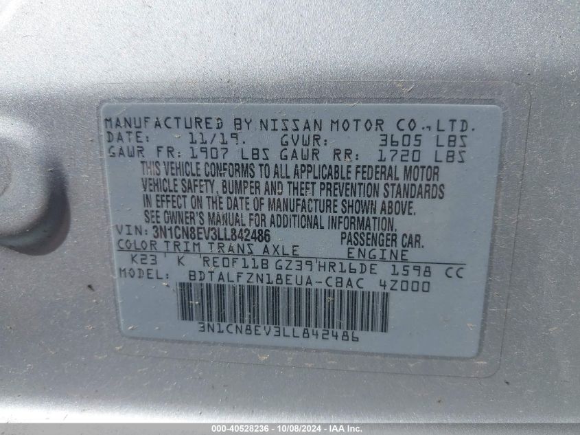 3N1CN8EV3LL842486 2020 Nissan Versa Sv Xtronic Cvt