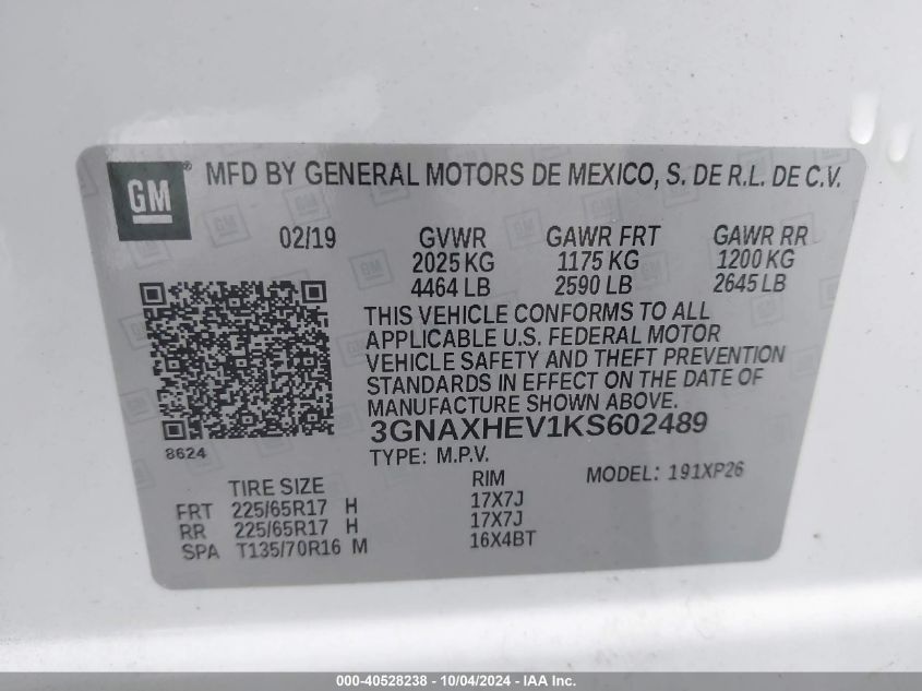 2019 Chevrolet Equinox Ls VIN: 3GNAXHEV1KS602489 Lot: 40528238