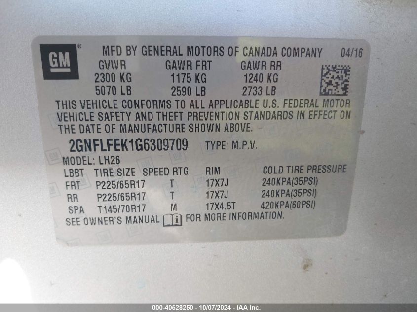 2GNFLFEK1G6309709 2016 Chevrolet Equinox Lt