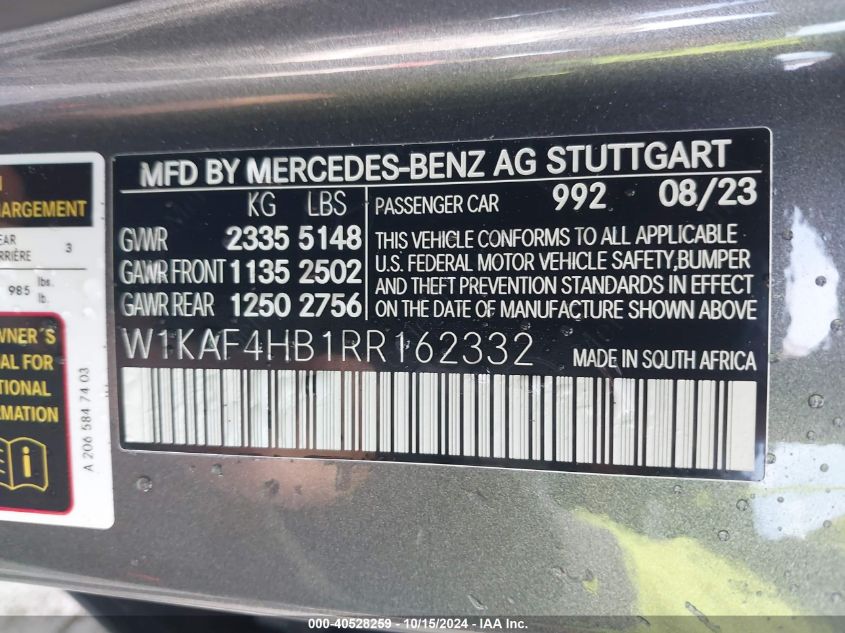 2024 Mercedes-Benz C 300 VIN: W1KAF4HB1RR162332 Lot: 40528259