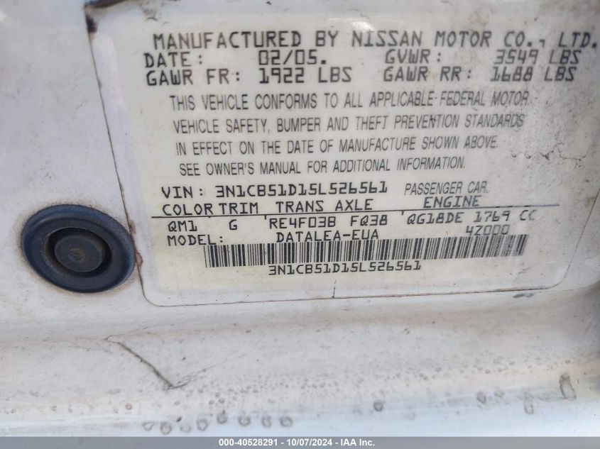 3N1CB51D15L526561 2005 Nissan Sentra 1.8S