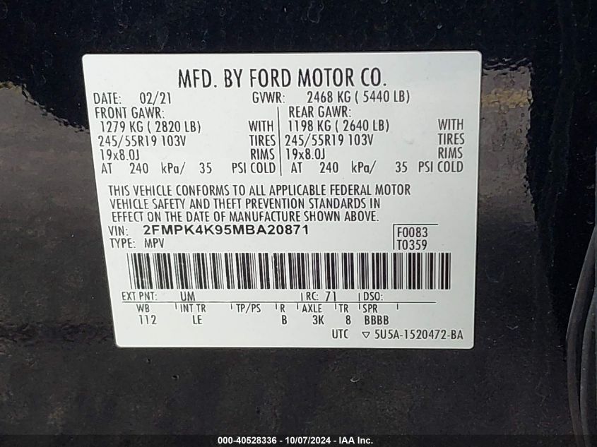 2021 Ford Edge Titanium VIN: 2FMPK4K95MBA20871 Lot: 40528336