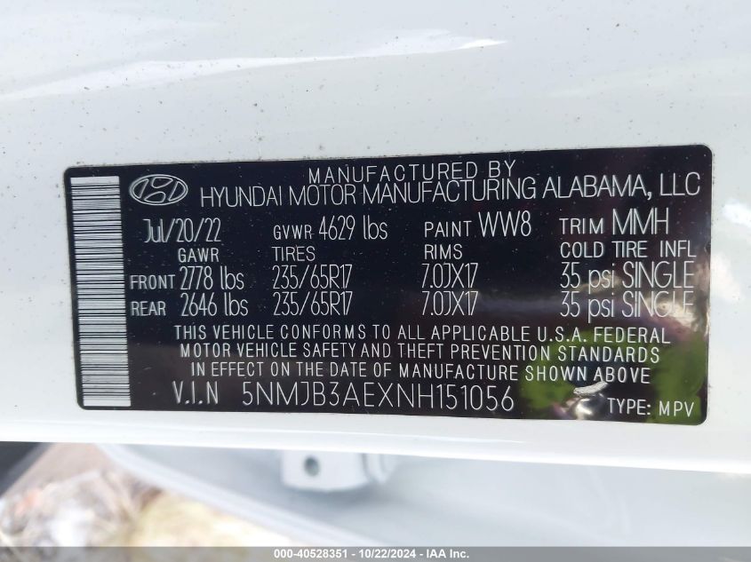 VIN 5NMJB3AEXNH151056 2022 Hyundai Tucson, Sel no.9