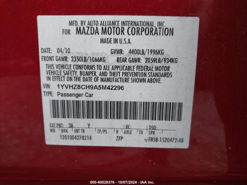 2010 Mazda 6 I VIN: 1YVHZ8CH9A5M42296 Lot: 40528376