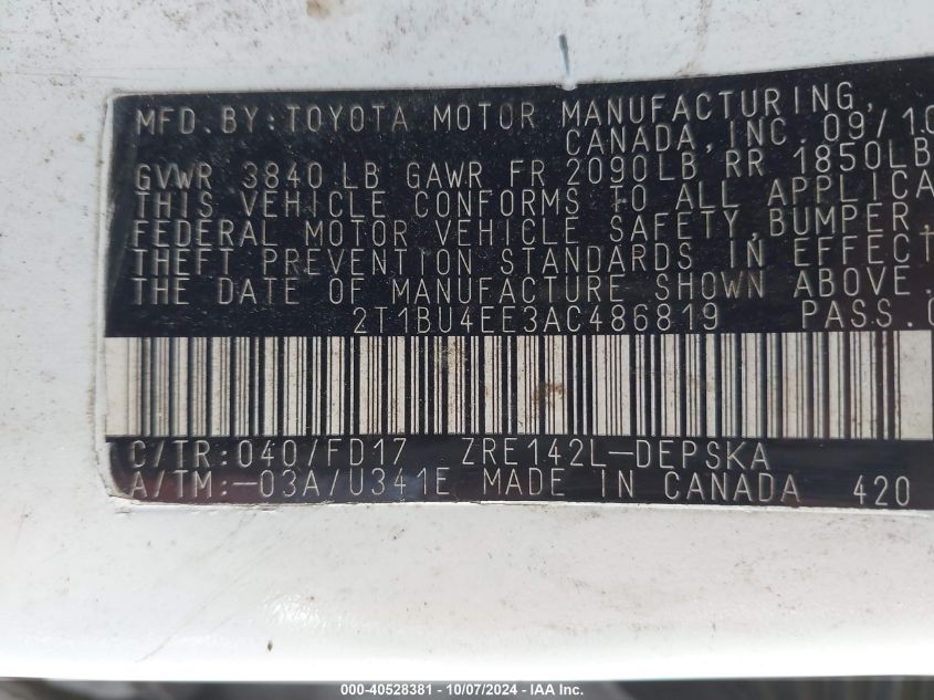 2010 Toyota Corolla S VIN: 2T1BU4EE3AC486819 Lot: 40528381