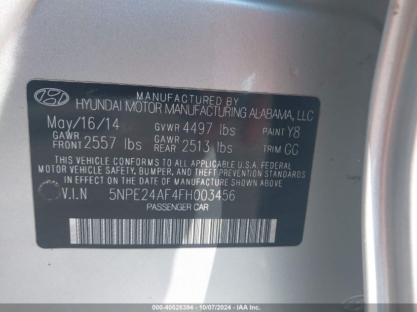 5NPE24AF4FH003456 2015 Hyundai Sonata Se