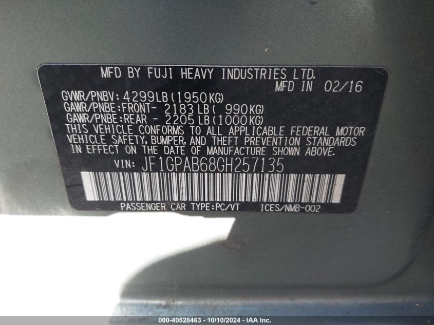 JF1GPAB68GH257135 2016 Subaru Impreza 2.0I Premium