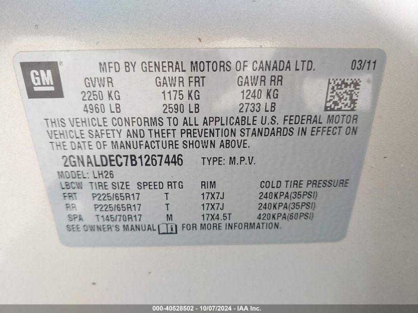 2GNALDEC7B1267446 2011 Chevrolet Equinox Lt