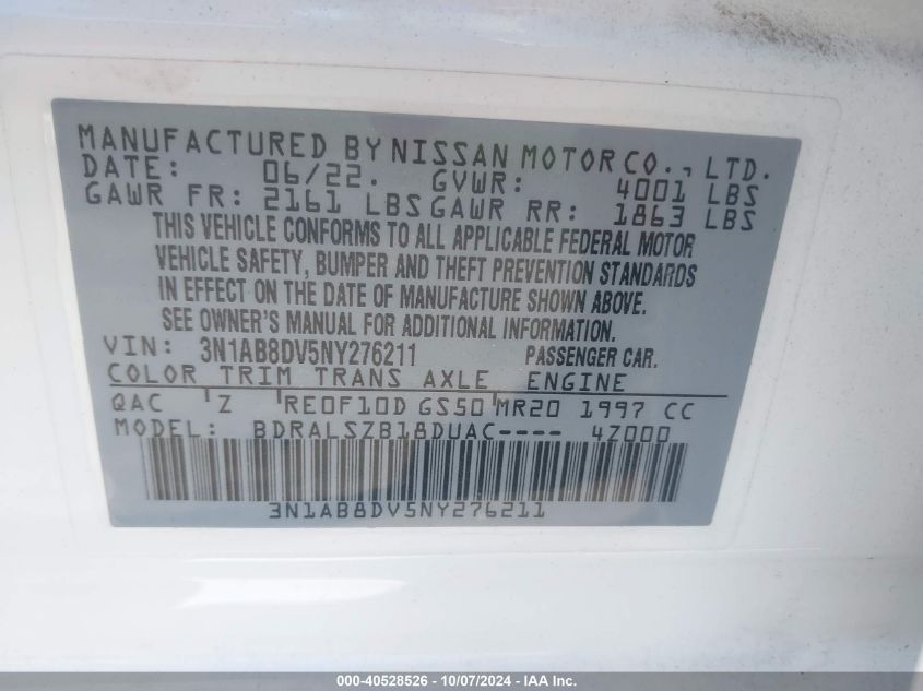 2022 Nissan Sentra Sr Xtronic Cvt VIN: 3N1AB8DV5NY276211 Lot: 40528526