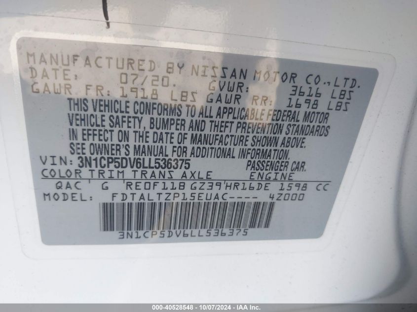 2020 Nissan Kicks Sr Xtronic Cvt VIN: 3N1CP5DV6LL536375 Lot: 40528548