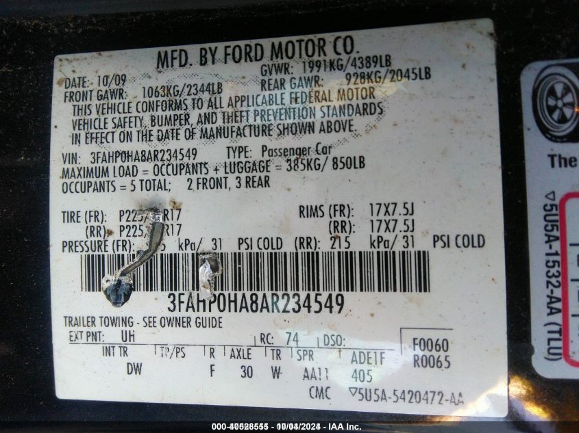 3FAHP0HA8AR234549 2010 Ford Fusion Se