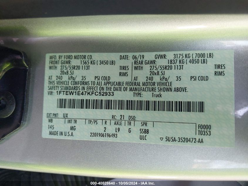 1FTEW1E47KFC52933 2019 Ford F-150 Xlt