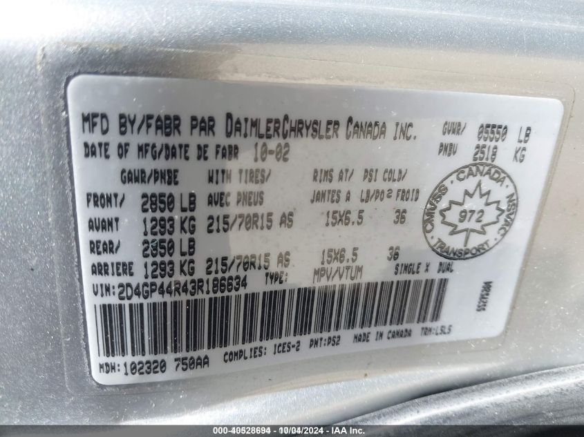 2003 Dodge Grand Caravan Sport VIN: 2D4GP44R43R186634 Lot: 40528694