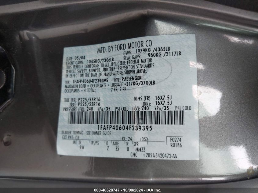 1FAFP40604F239395 2004 Ford Mustang Standard