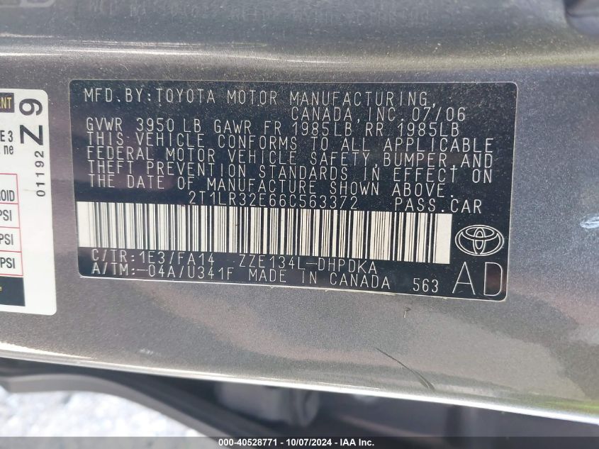 2006 Toyota Corolla Matrix Xr VIN: 2T1LR32E66C563372 Lot: 40528771