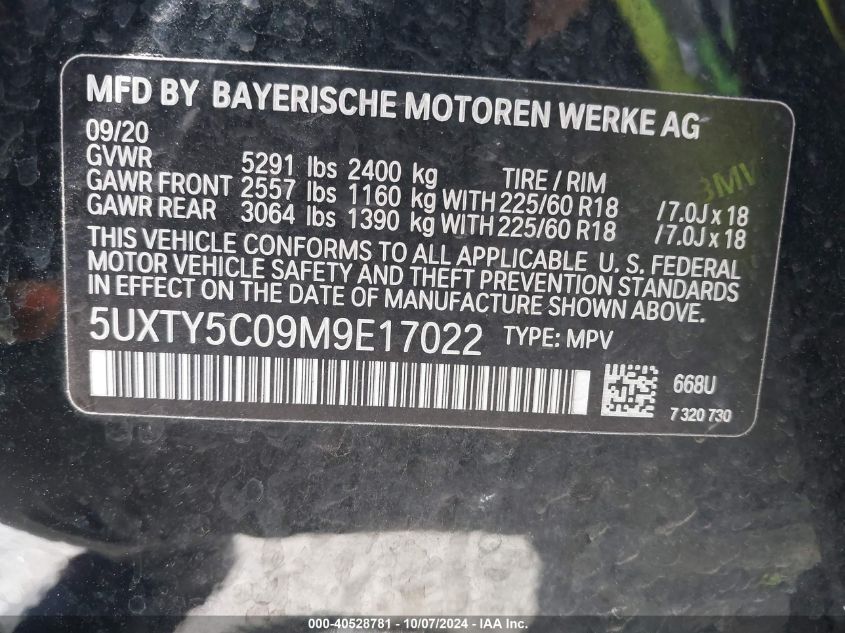 2021 BMW X3 xDrive30I VIN: 5UXTY5C09M9E17022 Lot: 40528781