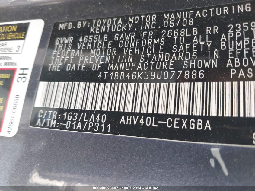 4T1BB46K59U077886 2009 Toyota Camry Hybrid