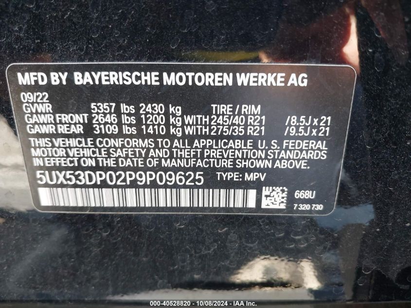 2023 BMW X3 xDrive30I VIN: 5UX53DP02P9P09625 Lot: 40528820