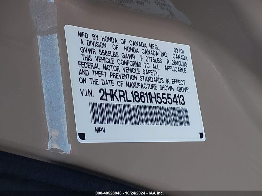 2001 Honda Odyssey Ex VIN: 2HKRL18611H555413 Lot: 40528845